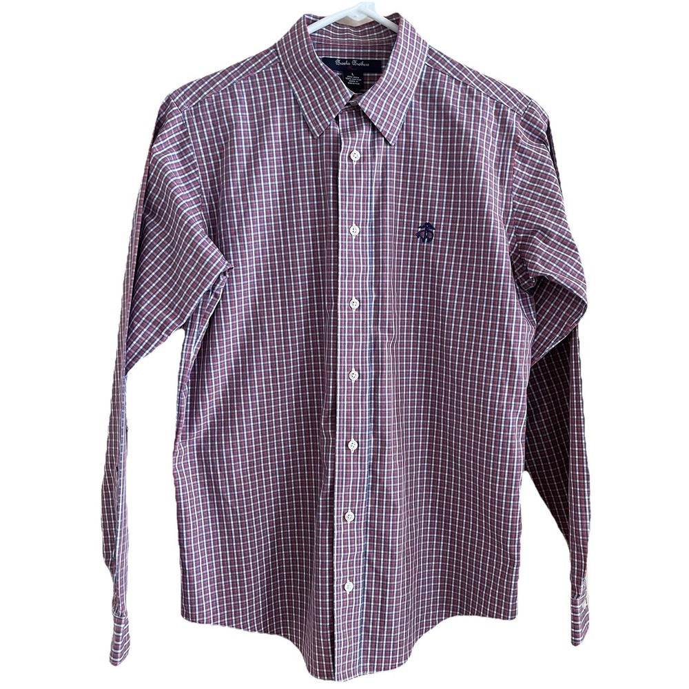 Brooks Brothers Fleece Shirt Boys Sz L Plaid Long Sleeve Button Up Non Iron Logo